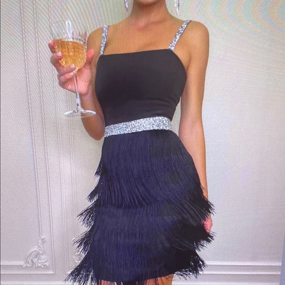 Black and Silver Embellished Tiered Cocktail Dress